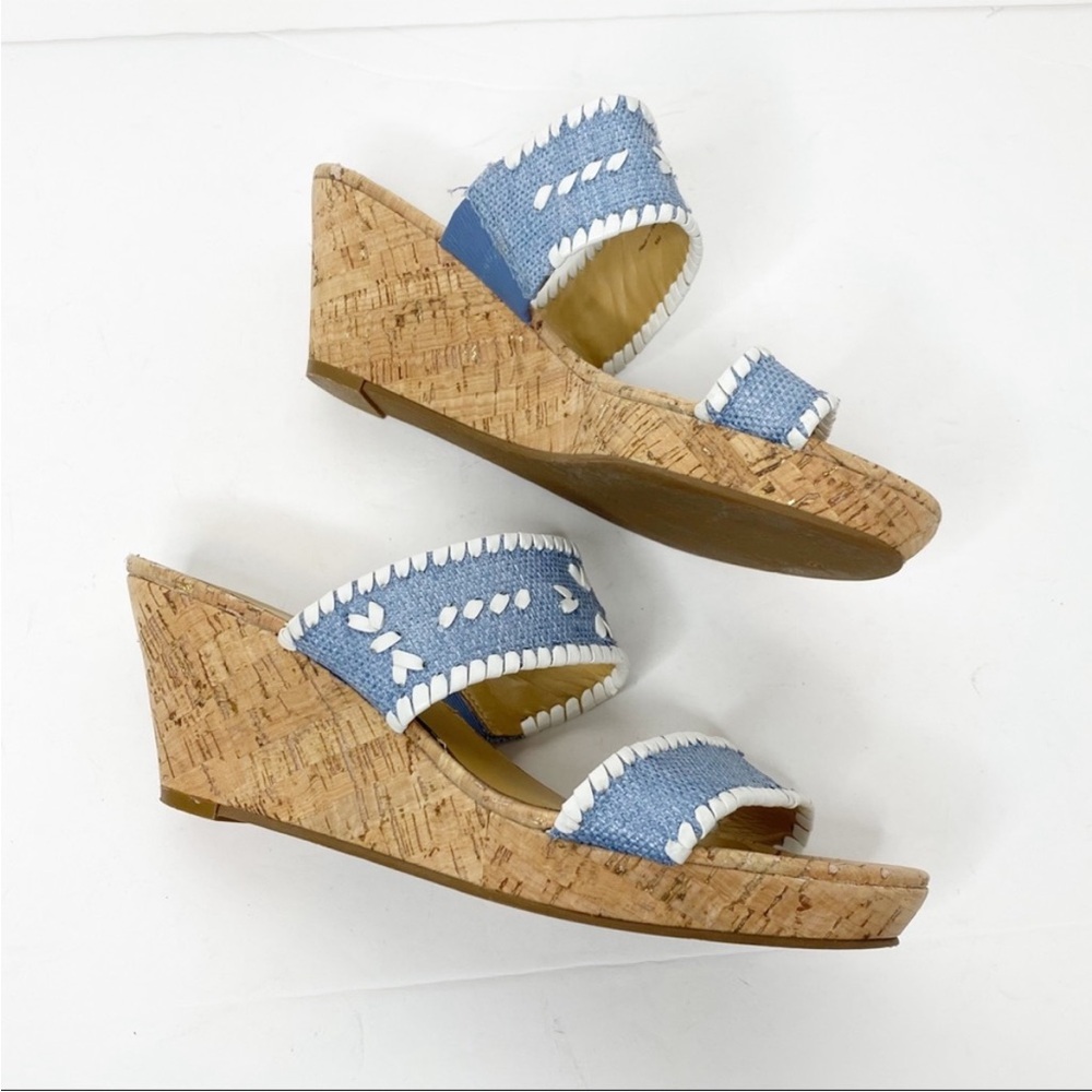 Jack Rogers Wedge Sandals Ella Cork Double Strap Coastal Blue and White Size 10
